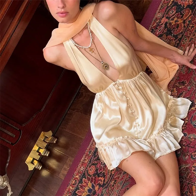 

Talenza Elegant Satin Mini Dress Sexy Deep V-neck Backless Halter-Neck Fitted Lace-up Dress New Luxury Party Look Women's Dress