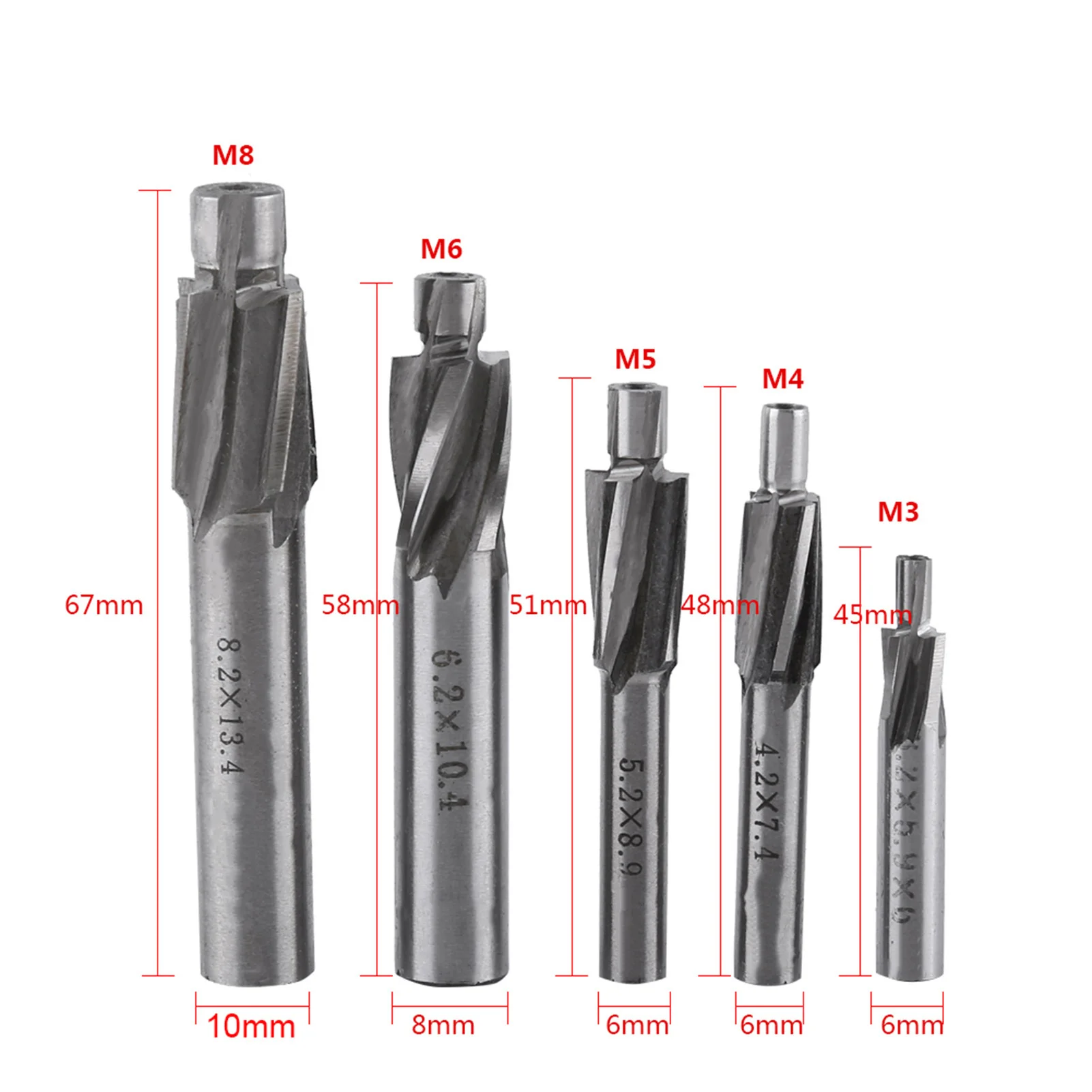 5pcs Countersink End Mill Cutter Slot Drill Bits Tool M3 M8 4 Flutes HSS-AL