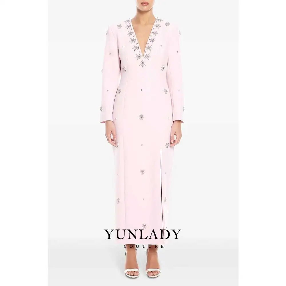 Luxury Dubai Pink Evening Dress V Neck Long Sleeves Crystal Beading Mother of the Bride Prom Dress Wedding Party Gown Customized