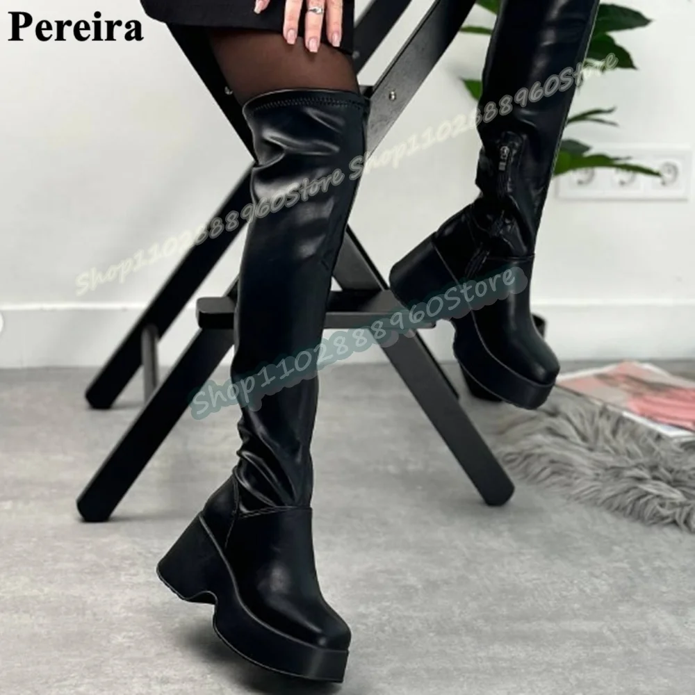 

Сексуальные черные кожаные ботинки выше колена на толстой подошве для женщин, с боковой молнией, круглым носком, модные повседневные туфли Zapatos Para Mujer