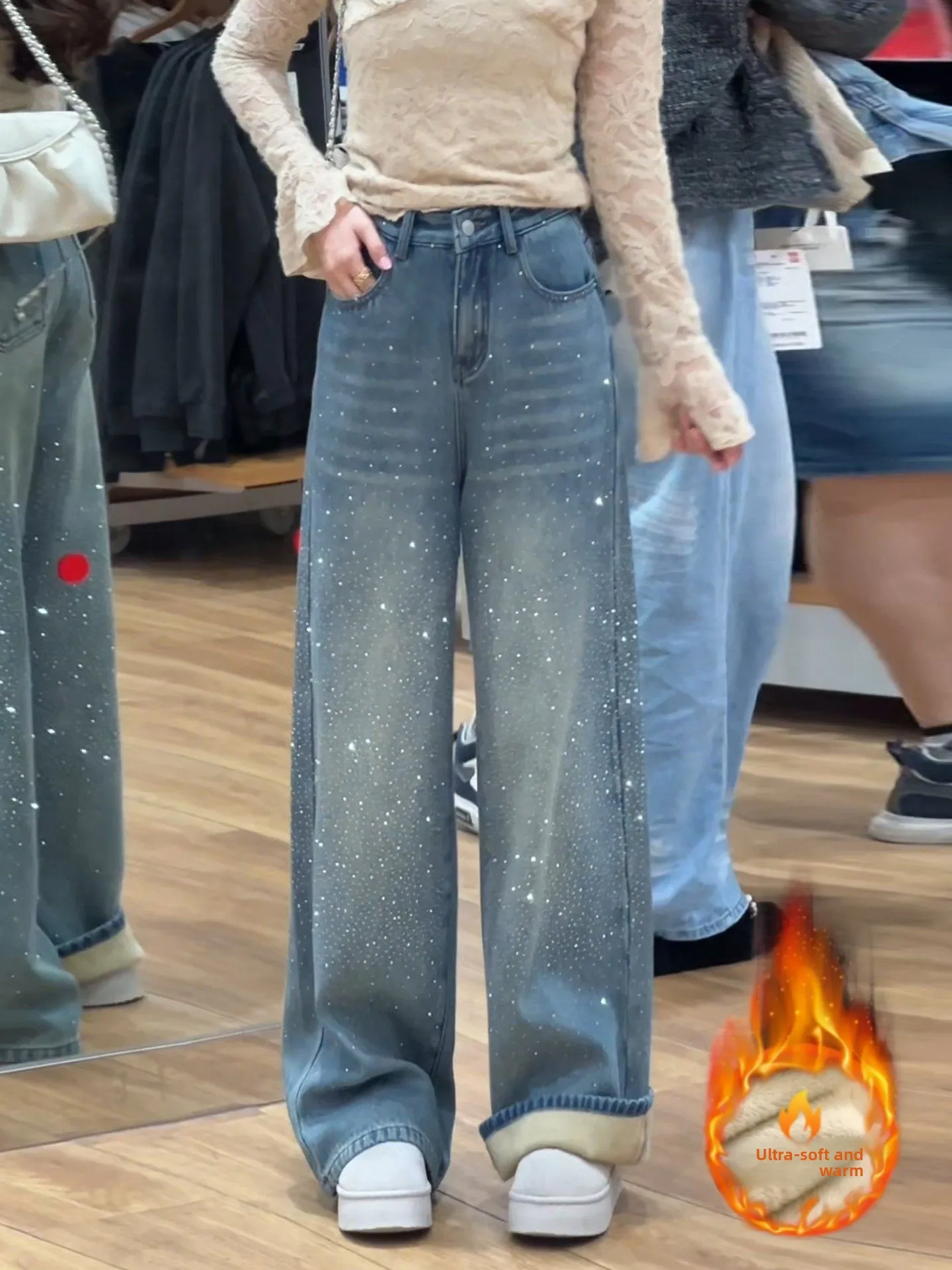 Premium Fleece Lined Wide Leg Denim Jeans Women's Winter New Vintage Loose Slim Straight Floor Length Pants Diamond Studded