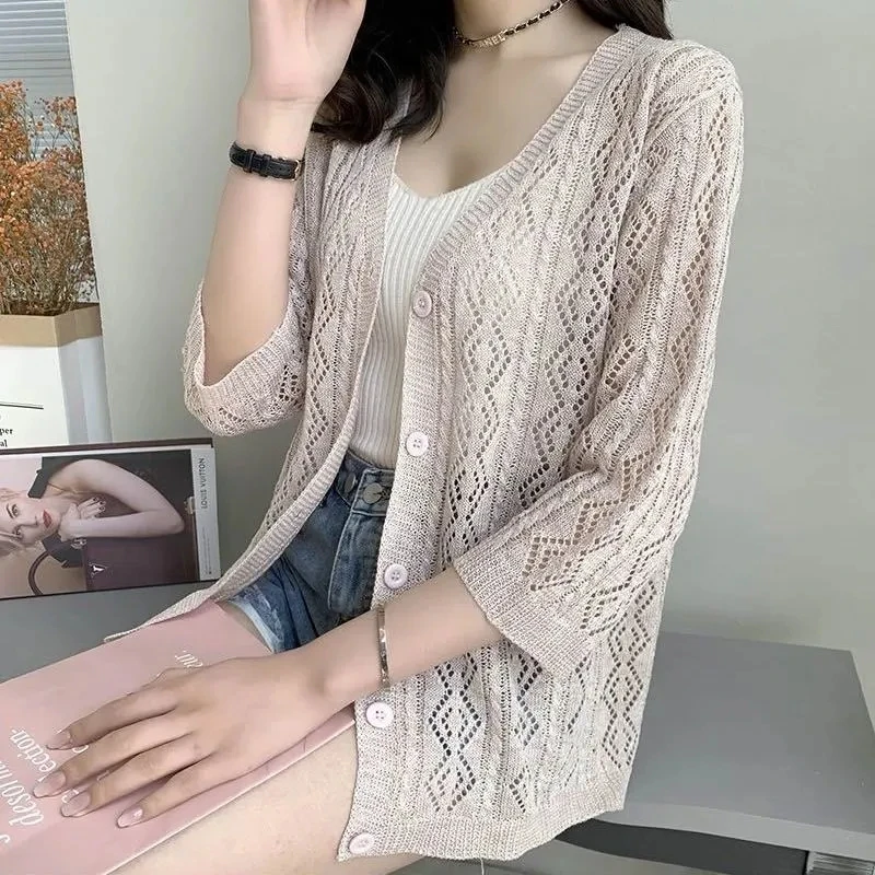 Sunscreen Thin Hollow Out Cardigan Loose V-neck Casual Shawl Summer 3/4 Sleeve Knitted Tops Women Korean Lightweight Coats