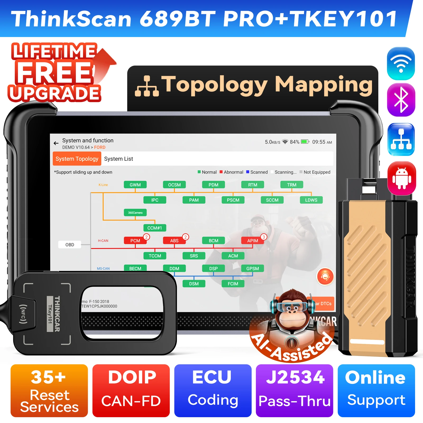 THINKCAR THINKSCAN 689BT Pro OBD2 Diagnostic Tool Topology ECU Coding Support J2534 DOIP CAN FD Protocal Lifetime Free Update