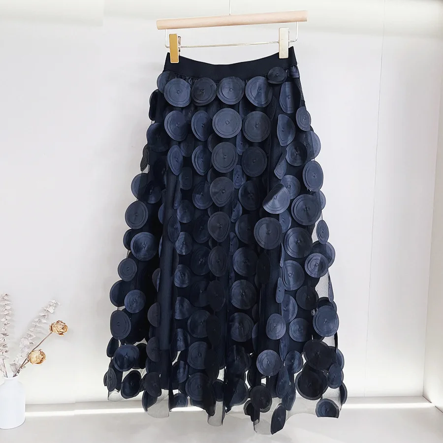 Qooth Women Polka Dot 3D Design Tulle Mesh Skirt Vintage Elastic Waist Long A-line Tutu Skirt QT2176