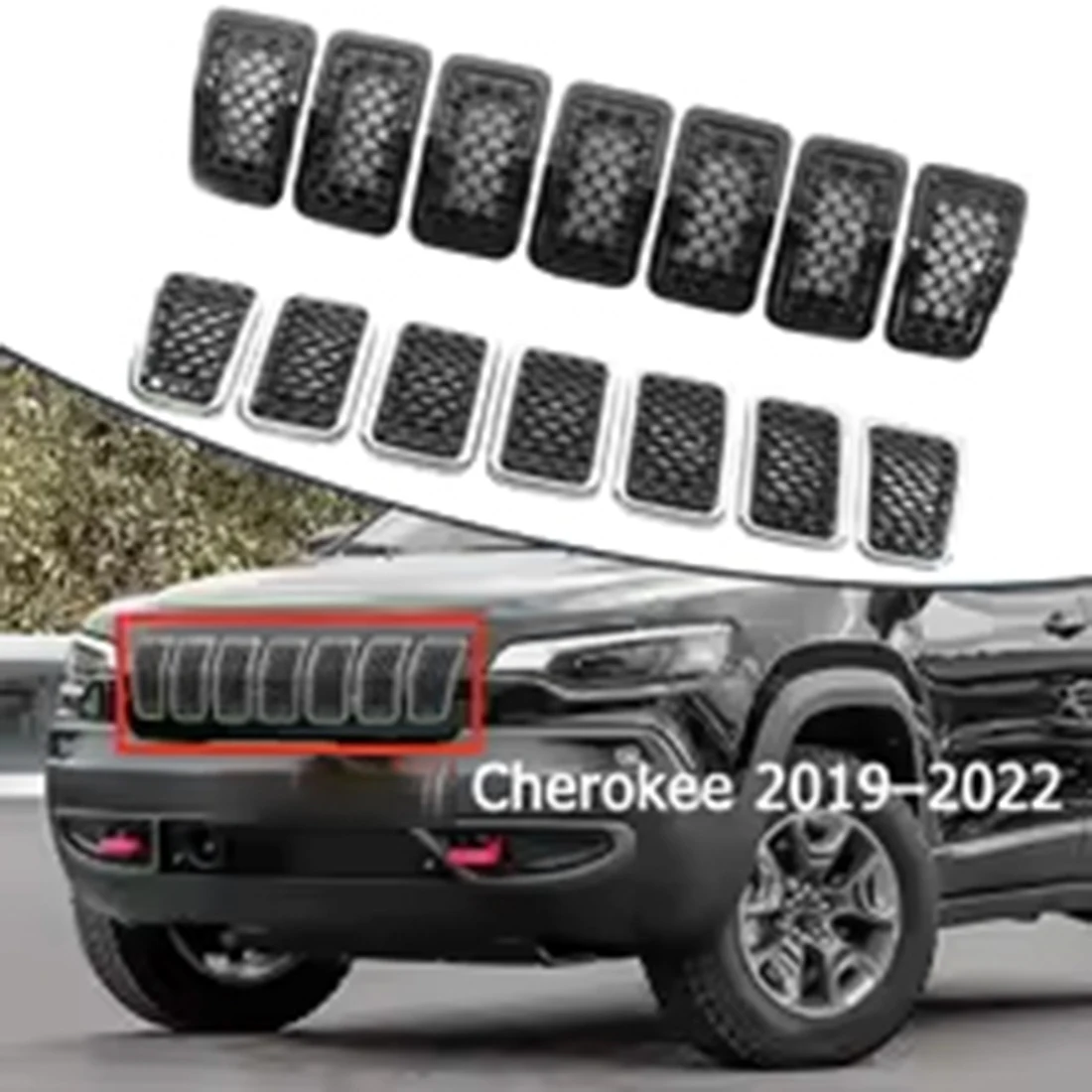 

Classy-6AZ88DX8AB 63257203224 6AZ88XS9AB Mesh Honeycomb Front Grille Inserts Frame For Jeep Cherokee 2019-2022 Glossy Black