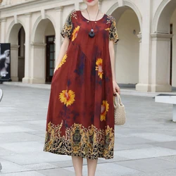 New Fashion Casual Summer Dresses For Women O-Neck Print Vintage Short Sleeve Elegant Floral Clothes Dress Loose Women Clothing