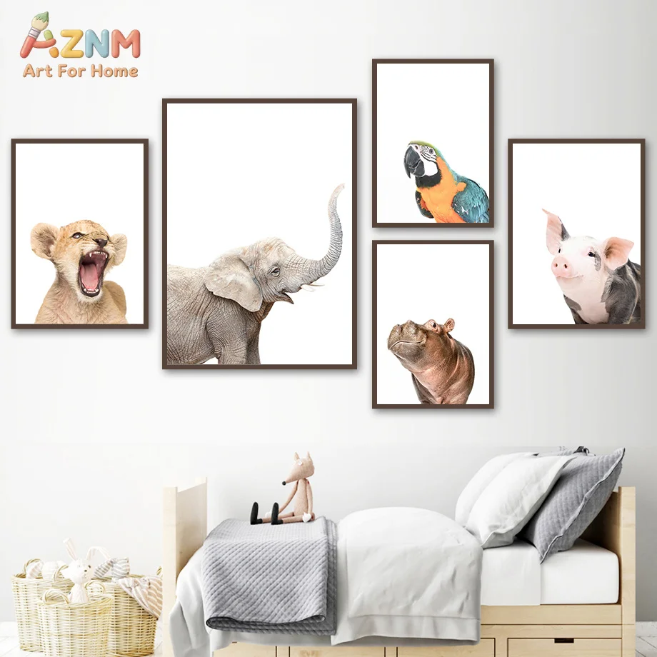 AZNM Póster en lienzo sin marco, impresión fotográfica de animales salvajes, león, elefante, loro, hipopótamo, cerdo, fondo blanco, imagen artística para pared
