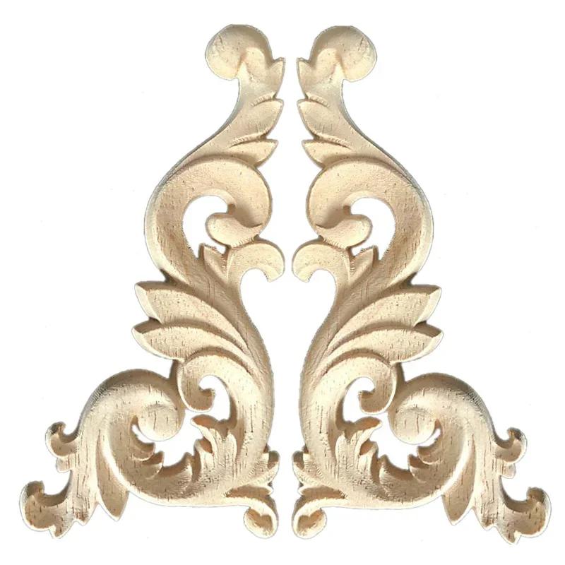 2PCS Chinese Carving Solid Wood Appliques for Furniture Cabinet Unpainted Wooden Mouldings Decal Vintage Home Decor Decorative