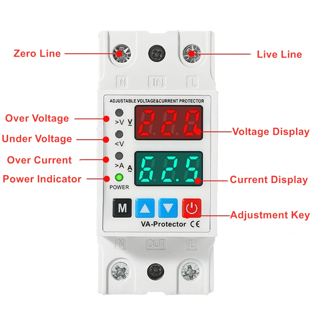 Din Rail Dual Display Adjustable Intelligent Over Voltage Current and Under Voltage Protective Device 40A 63A Protector Relay