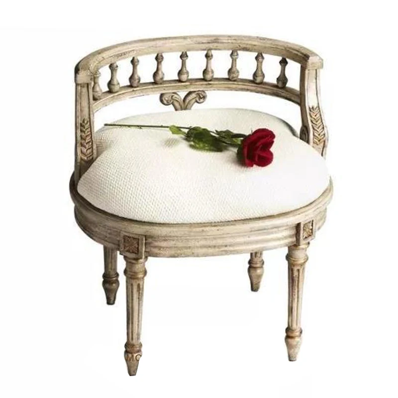Rustic dressing stool full solid wood bedroom retro nostalgic soft bag white low back round makeup stool custom