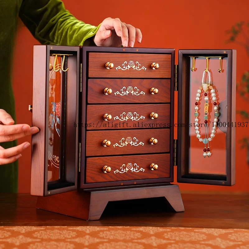 Large Capacity Mother-of-Pearl Lacquer Jewelry Box Multi-Layer Wooden Storage Organizer Vintage Chinese Style Jewelry Case