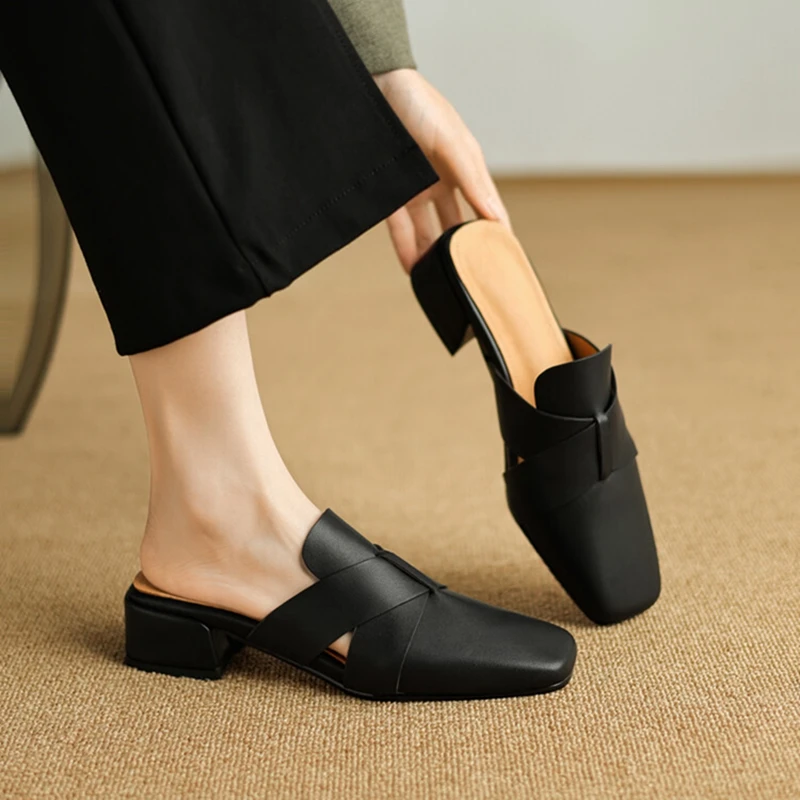 NEW Summer Women Mules Genuine Leather Shoes for Women Cover Toe Chunky Heel Slippers Concise Square Toe Handmade Modern Sandals