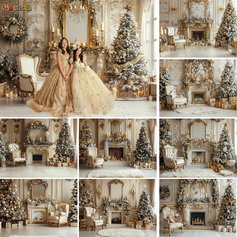 

Mocsicka Christmas Fireplace Background Golden Barlot Photo Frame Xmas Tree Candle Backdrop Decor Children Family Photo Studio