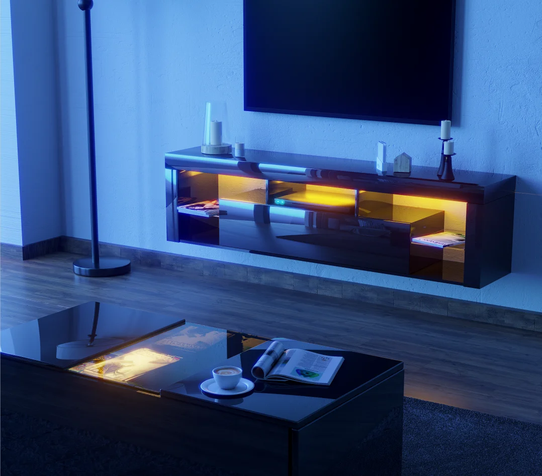 63" Floating TV Stand for 60" TV, LED TV Cabinet w/Power Outlets, Storage and Shelf, Gloss Media Console Table 4