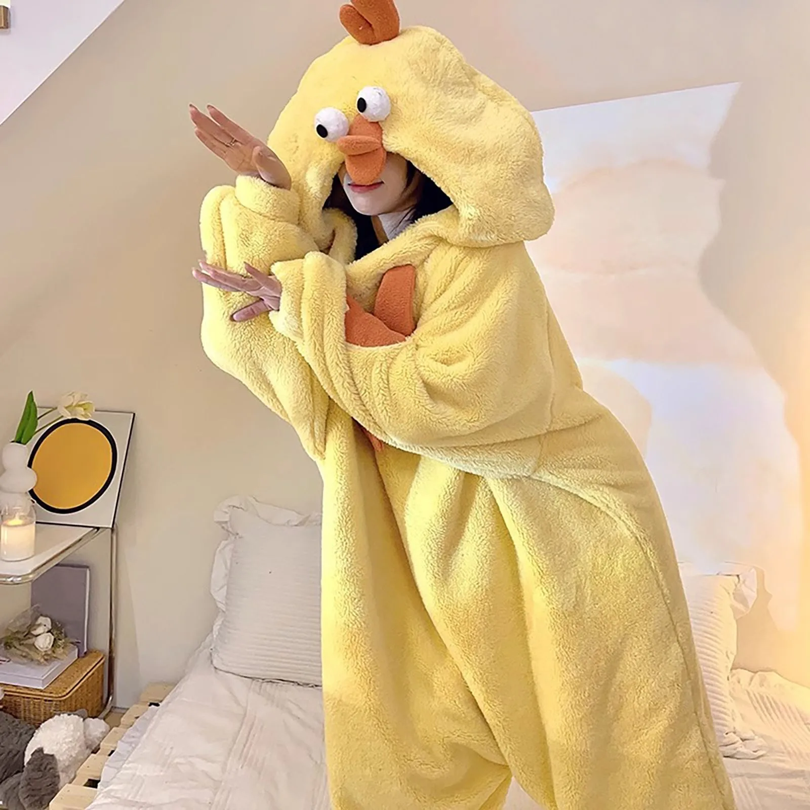 Little Yellow Chicken Coral Velvet Couple Pajamas One-piece Robe Warm coral velvet Pajamas Women Winter Home Wear cartoon wear