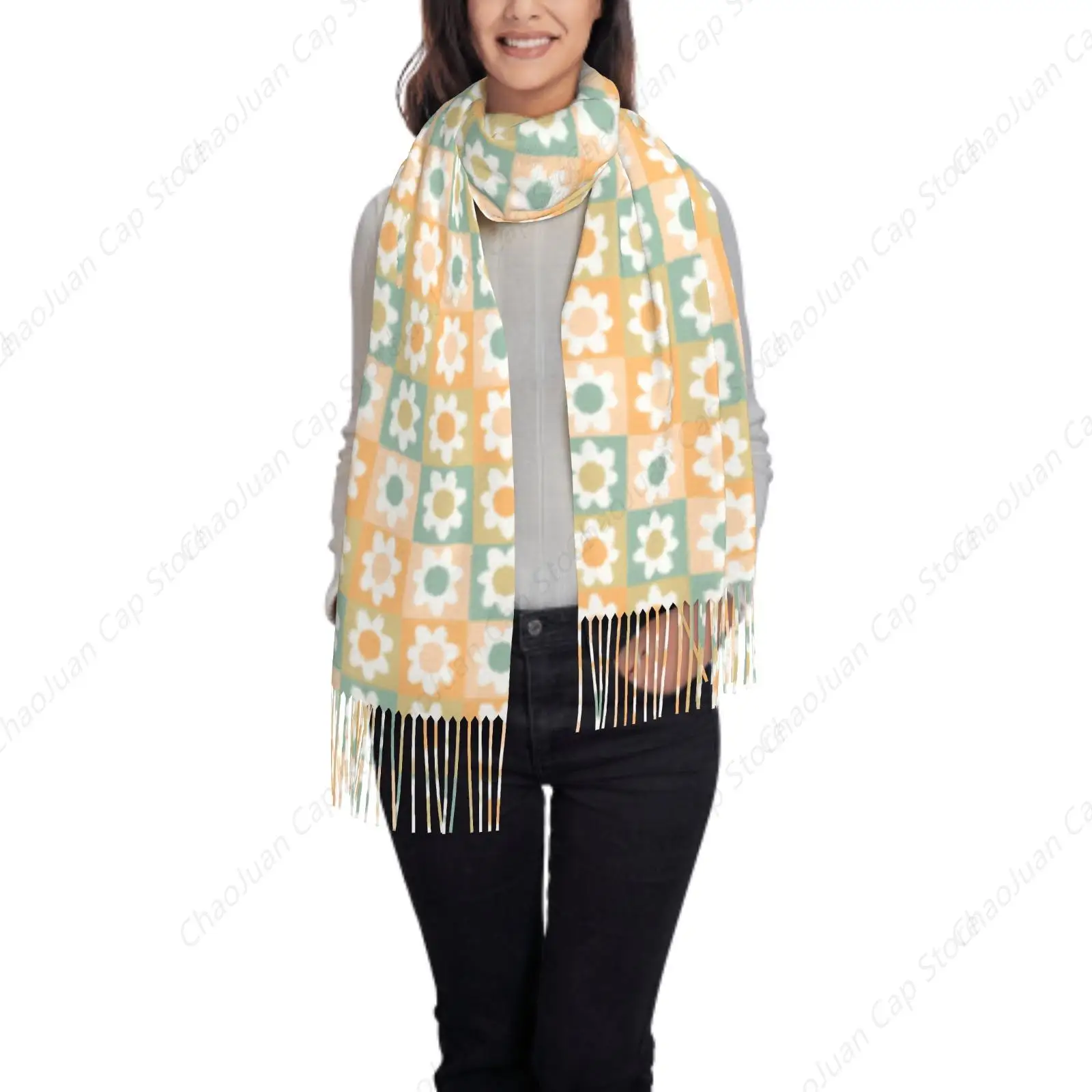 

Retro Daisy Checker Print Cashmere Feel Winter Scarf Fashion Soft Warm Women Blanket Shawl Wrap