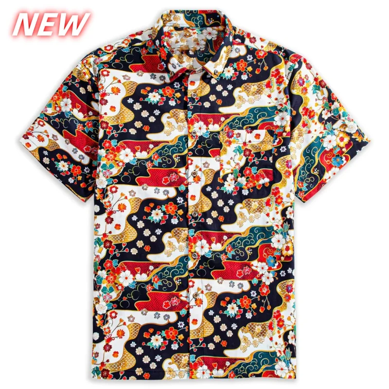 

Retro Stripe Pattern Hawaiian Shirt For Men Japanese Flowers 3D Print Beach Shirts Casual Aloha Shirts Short Sleeve Blouses Tops