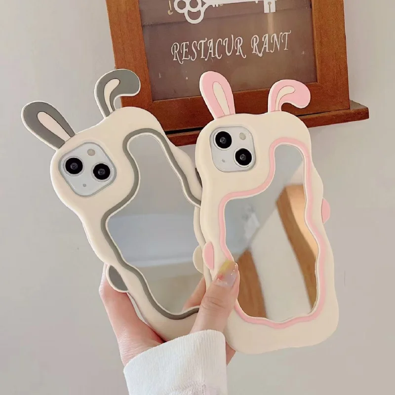 Suitable for Iphone14promax Apple 13/12 Silicone Case 15 Cute Rabbit Ears Makeup Mirror 7plus/8plus/Xsmax/Xr/Xs/11promax Phone C