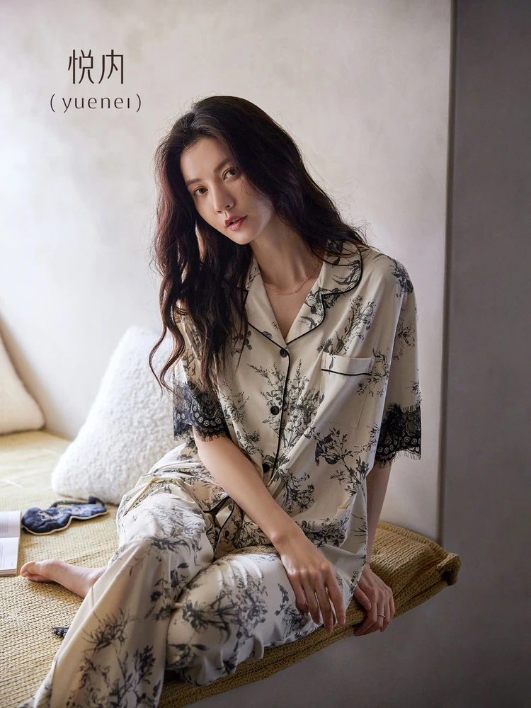 pijama-de-algodon-puro-para-mujer-con-relleno-en-el-pecho-casual-de-verano-manga-corta-pantalon-largo-ropa-de-casa-talla-grande-estampado-floral-de-tinta-acuatica