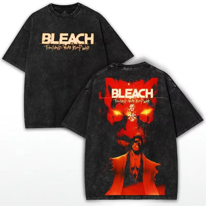 Hot Sale BLEACH BANKAI Zaraki Kenpachi Graphic Print T-Shirt Men Women Retro Washed Cotton Loose Casual Oversized Summer New Tee