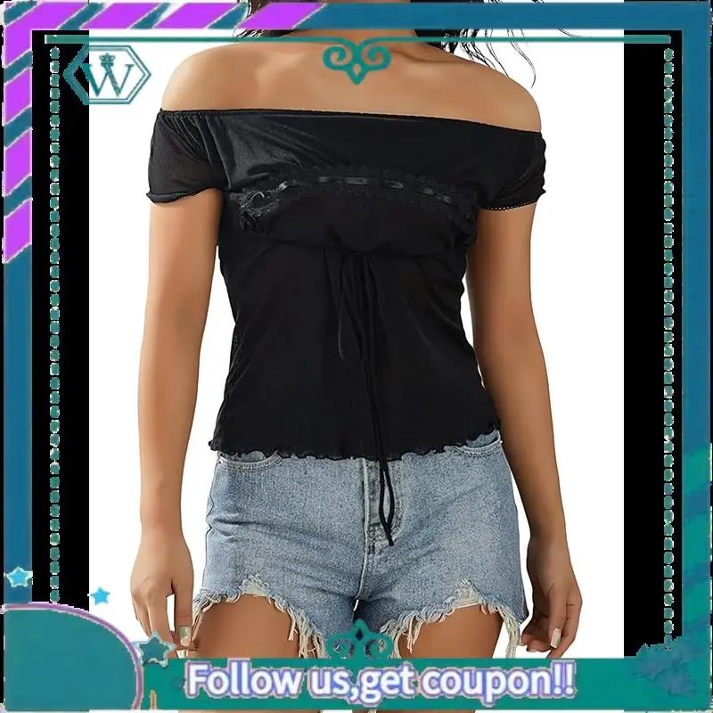 

A09P Women Fairy Grunge Y2k Shirts See Through Square Neck Lace Patchwork Tops Vintage Goth Aesthetic Clothing