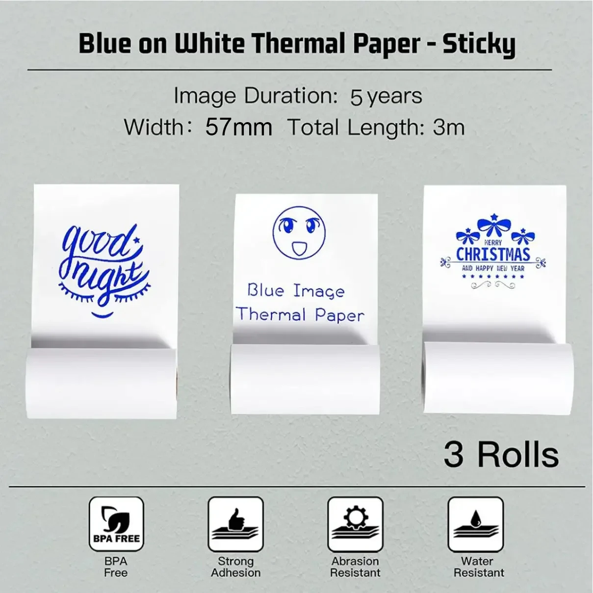 Papel térmico azul sobre blanco, papel blanco con estampado azul complicado, 3 rollos de papel térmico de 57mm para impresora de bolsillo, textos fotográficos, notas de estudio