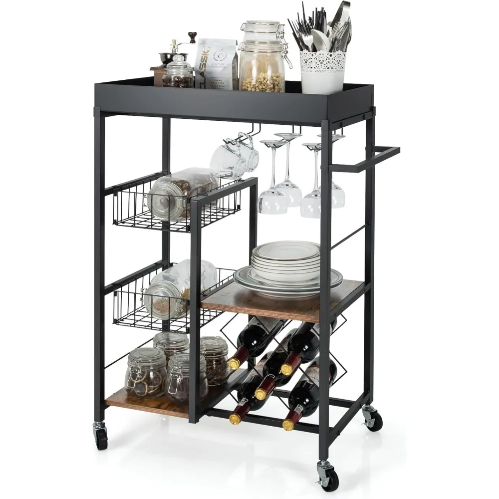 

Kitchen Island Cart on Wheels, Mobile Bar Serving Cart, with Removable Top Tray, Wine Rack, Kitchen Islands and Trolleys