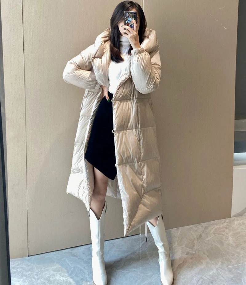 Women Winter New Feather White Duck Down Loose Oversized Jacket Lightweight Over-the-Knee Long Hooded Puffer Coats Down Jacket