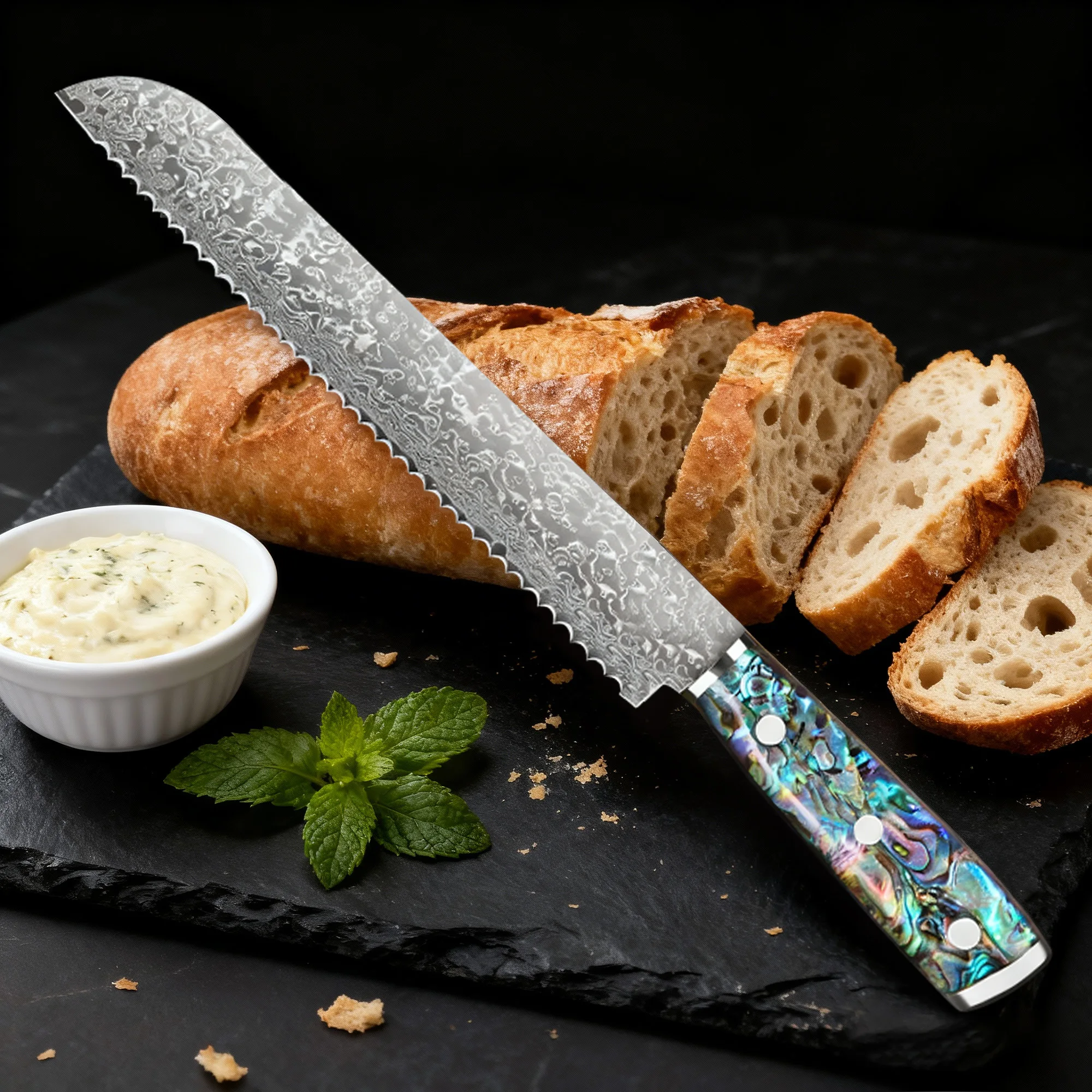 SIAZIH Scharfes Gezacktes Brotmesser mit 20-Zentimeter-Klinge, Gefertigt aus Langlebigem Edelstahl, Griff aus Schalengeflecht – Detail 6
