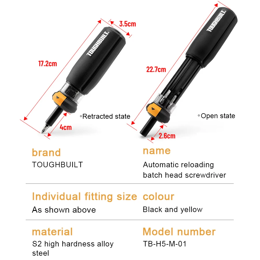 TOUGHBUILT TB-H5-M-01 6 in 1 Multi Bit Magnetic Portable Screwdriver Autoloading Multi-Bit Driver Multifunctional Hand Tools