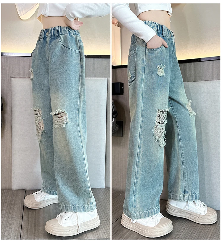 Cowgirl Ripped Jeans mit Löchern für Kinder Mädchen, lässiger Stil, zerrissene Denim-Hosen, Frühling Herbst Kinder High Street Kleidung 5 bis 14 Jahre – Detail 4