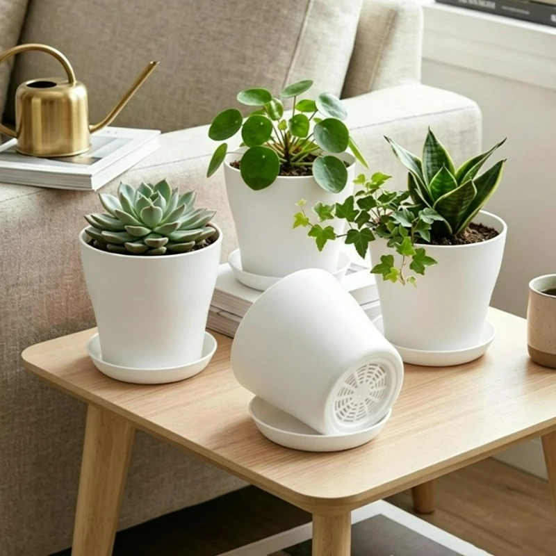 Plant Pot Set with Drainage Holes and Matching Tray PP Resin Colorful Planter for Indoor Succulent Cactus Herb Garden Windowsill view 3