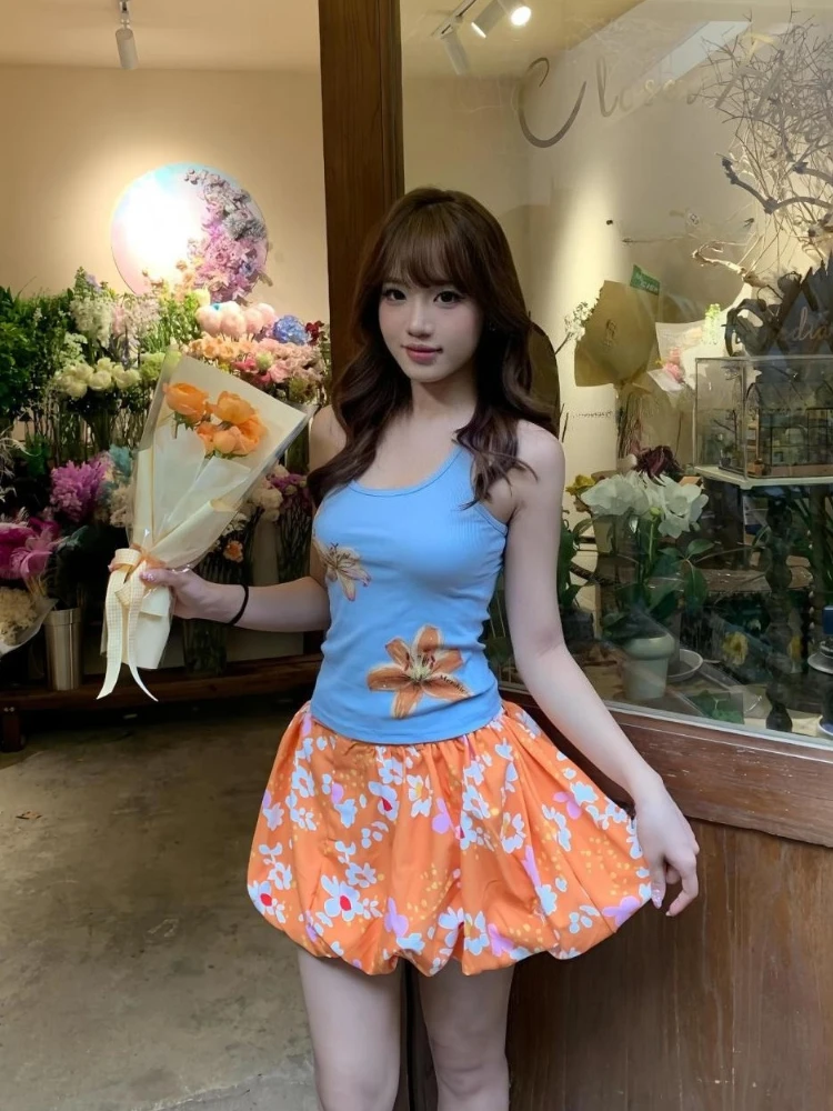 

Y2k 2000s Sweet 2 Piece Skirt Sets Sexy Slim Sleeveless Tops + Print Mini Skirts Evening Party Clothing Subculture Vintage Suits