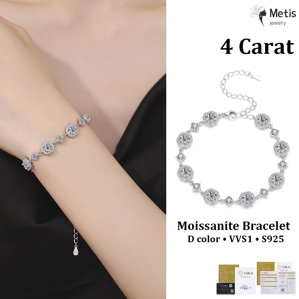 

S925 Sterling Silver D Color VVS1 Square Moissanite Tennis Bracelet 4 Carat Geometric Luxury Fashion Jewelry Gift for Women
