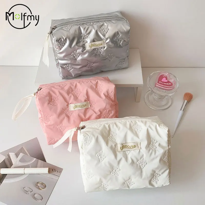 Tas Kosmetik PU dengan Kompartemen Penyimpanan, Hiasan Pita, Tas Perlengkapan Mandi Multifungsi, Tas Makeup dengan Ritsleting, Tas Penyimpanan Makeup 화장품 파우치 2025