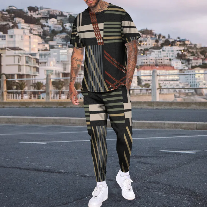 

Autumn and Summer Fashion Personalized Striped Plaid Printing Men's Adult Short-sleeved Trousers Daily Casual Seasonal Suit