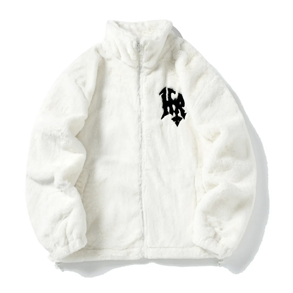 Men\'s Rabbit Fur Jacket, Hip Hop Coats, Retro Letter Print, Fleece Jacket, Streetwear, Casual Fashion, Harajuku Zipper Outwear