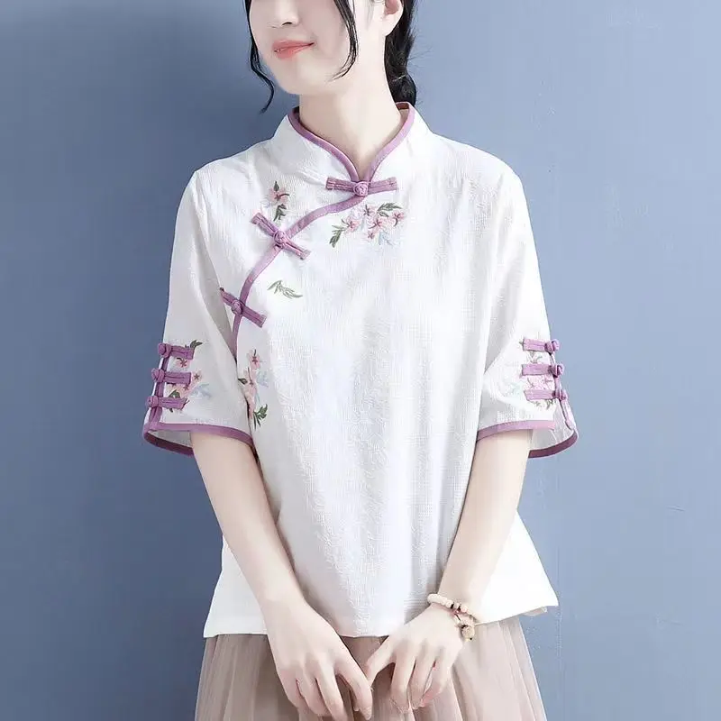 Summer New Embroidery Half Sleeve Female Chinese Style Hanfu Improve Cotton and Linen Breathable All-match Shirt Cheongsam Tops