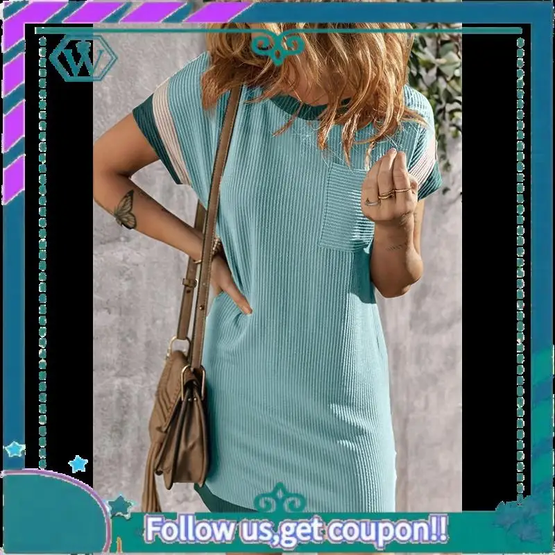 A09P – robe t-shirt à manches courtes et col rond pour femme, tenue décontractée, bloc de couleurs, été