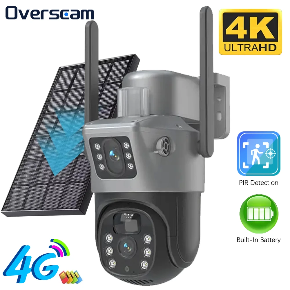 4G Sim Solar PTZ IP Camera Dual Screen Surveillance Outdoor 4K Dual Lens PTZ Auto Tracking 360° CCTV Security Camera V380 Pro