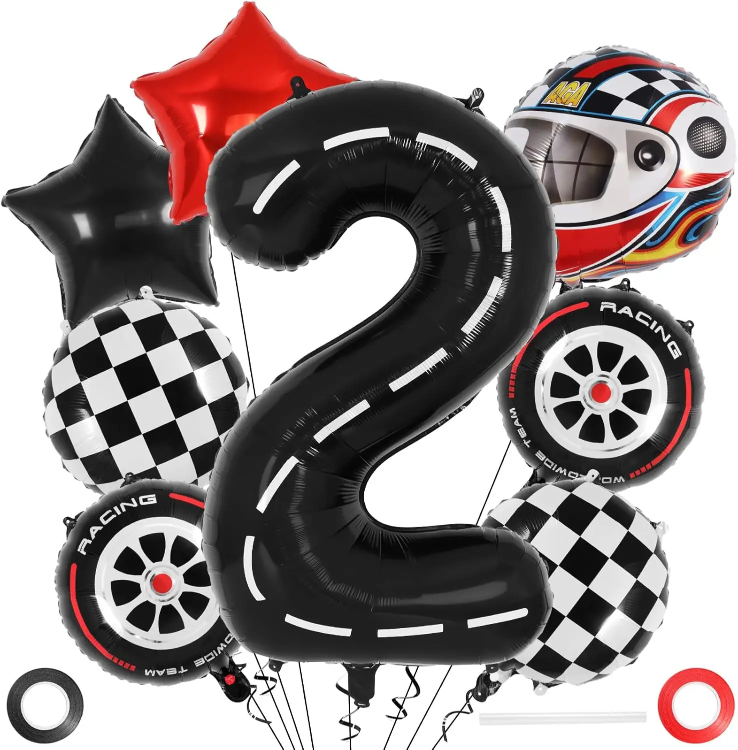 11pcs Race Car Balloons 40 Inch Racetrack Number 1-9 Balloon Large Foil Mylar Racetrack Black Balloon Birthday Party Decoration