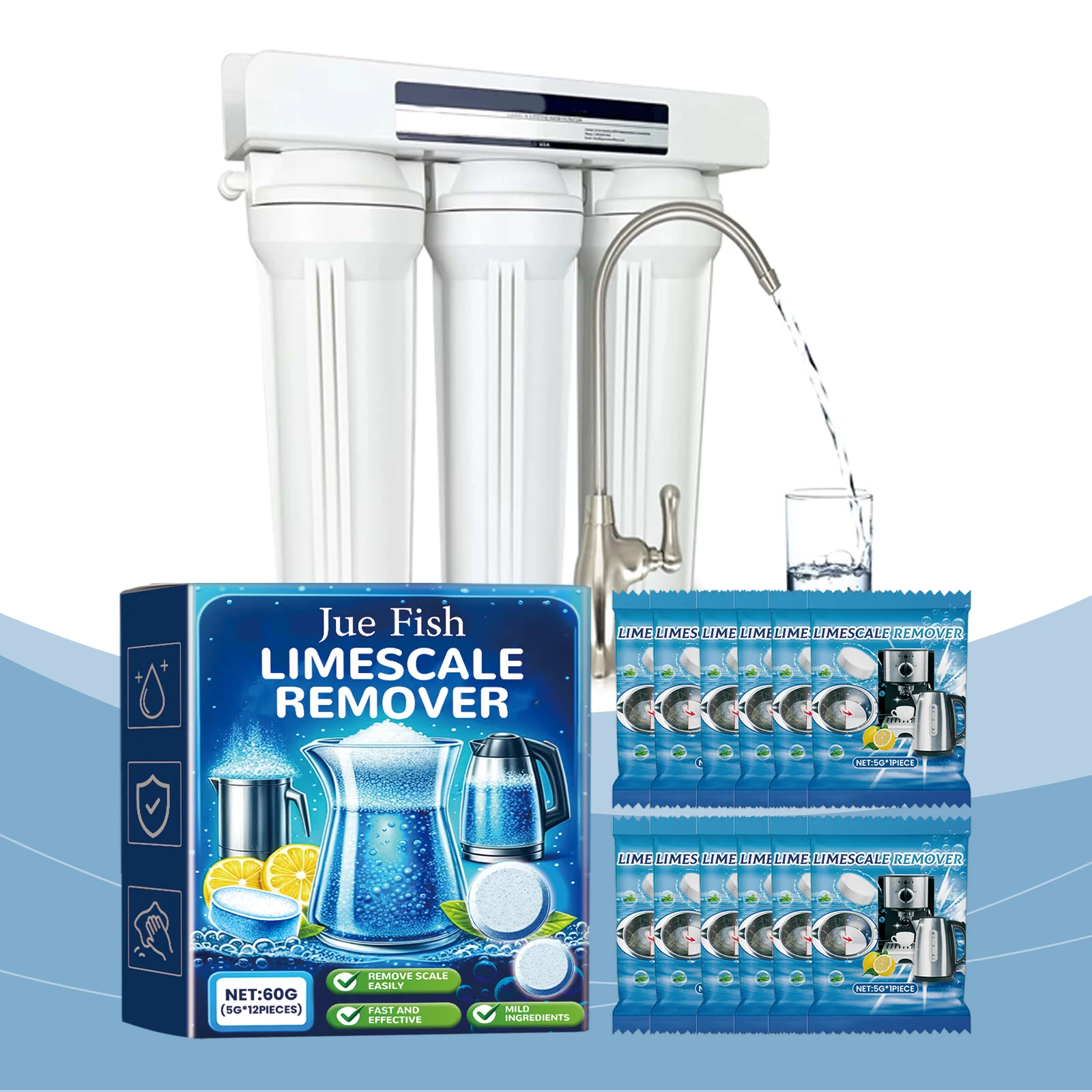 

JUE-FISH Scale Cleaning Effervescent Tablets Strong Removal of Stubborn Scale Reduce Energy Consumption Descaling Cleaning Sheet