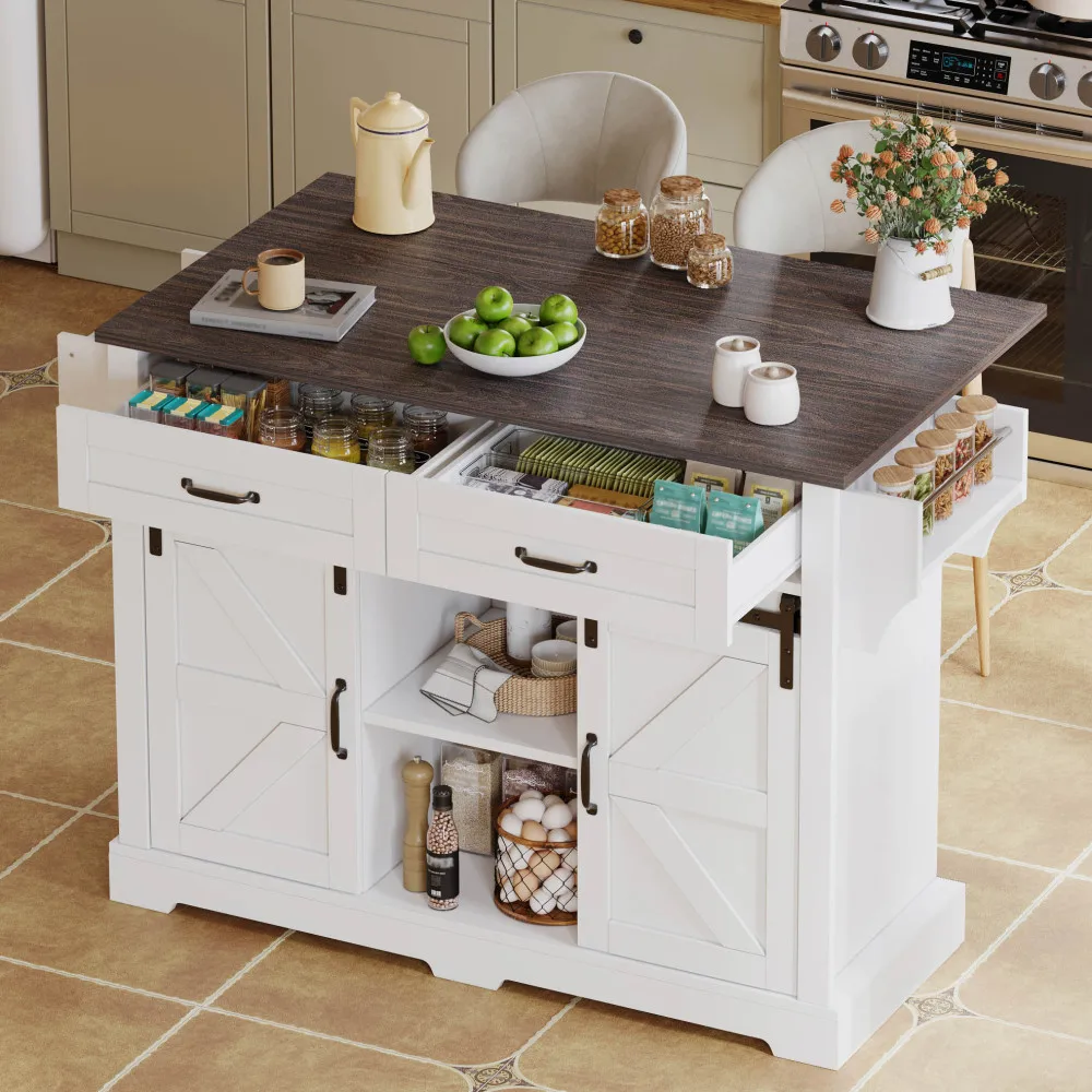 Isla de cocina con tablero abatible, carrito de cocina móvil con puertas correderas y 2 cajones, para cocinas