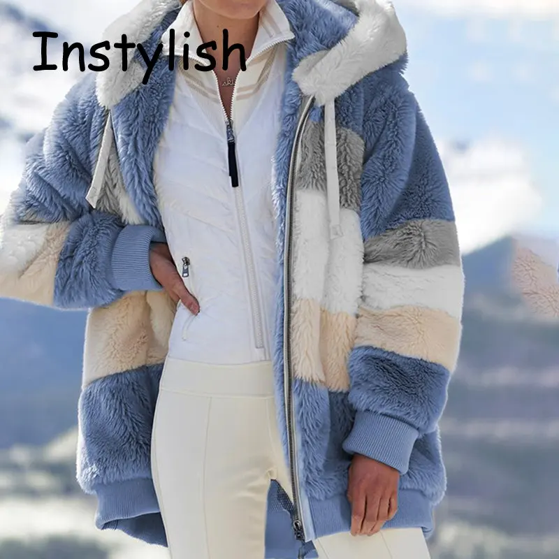 Frauen Elegant Gestreiften Plüsch Mit Kapuze Mantel Winter Dicke Warme Lose Fleece Teddy Jacken Vintage Harajuku Übergroßen Outwear 2023