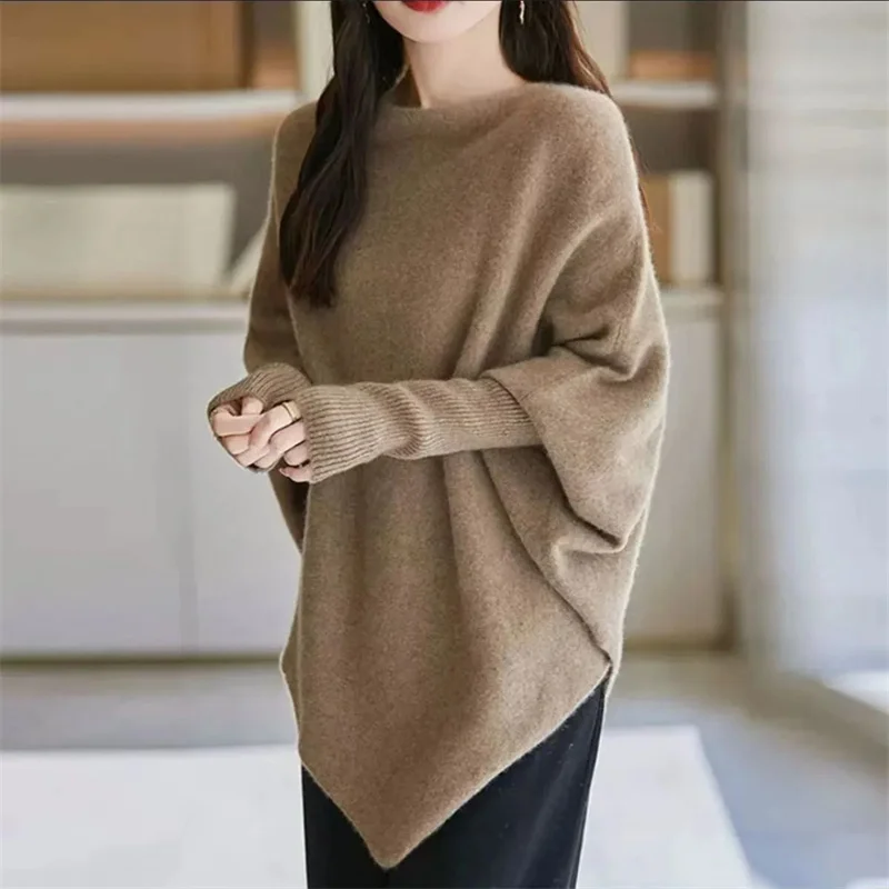 

Autumn Femme Solid Color Irregular Sweater Korean Women Fashion Long Sleeves Pullover Knit Spring Ladies Round Neck Knitted Coat
