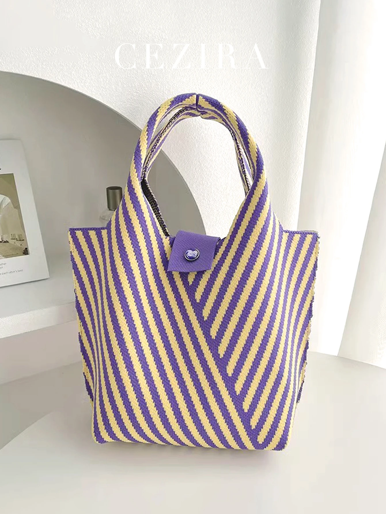 CEZIRA Casual Knitting Polyester Handbags Fashionable Contrast Color Ctripes Purse Women Top-handle Bucket Bags Daily Travel