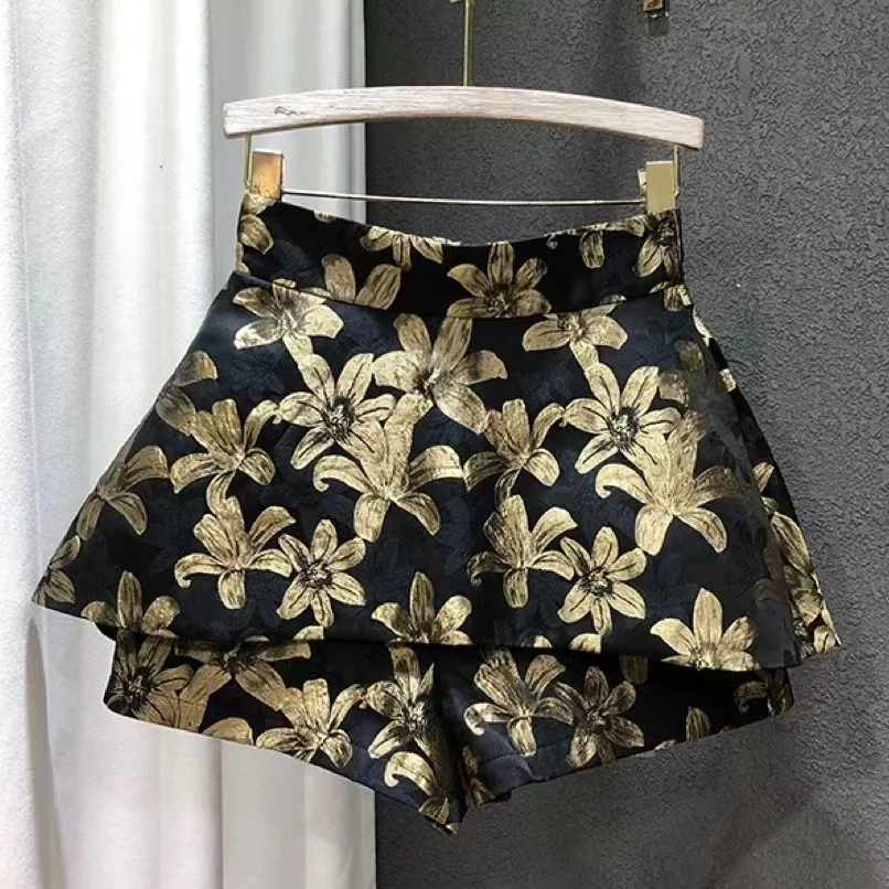 2023 Autumn Women's Vintage Elegant A-line Skirt Flower Printed High Waist Slim Mini Skirt New Fashion Skirt Pants