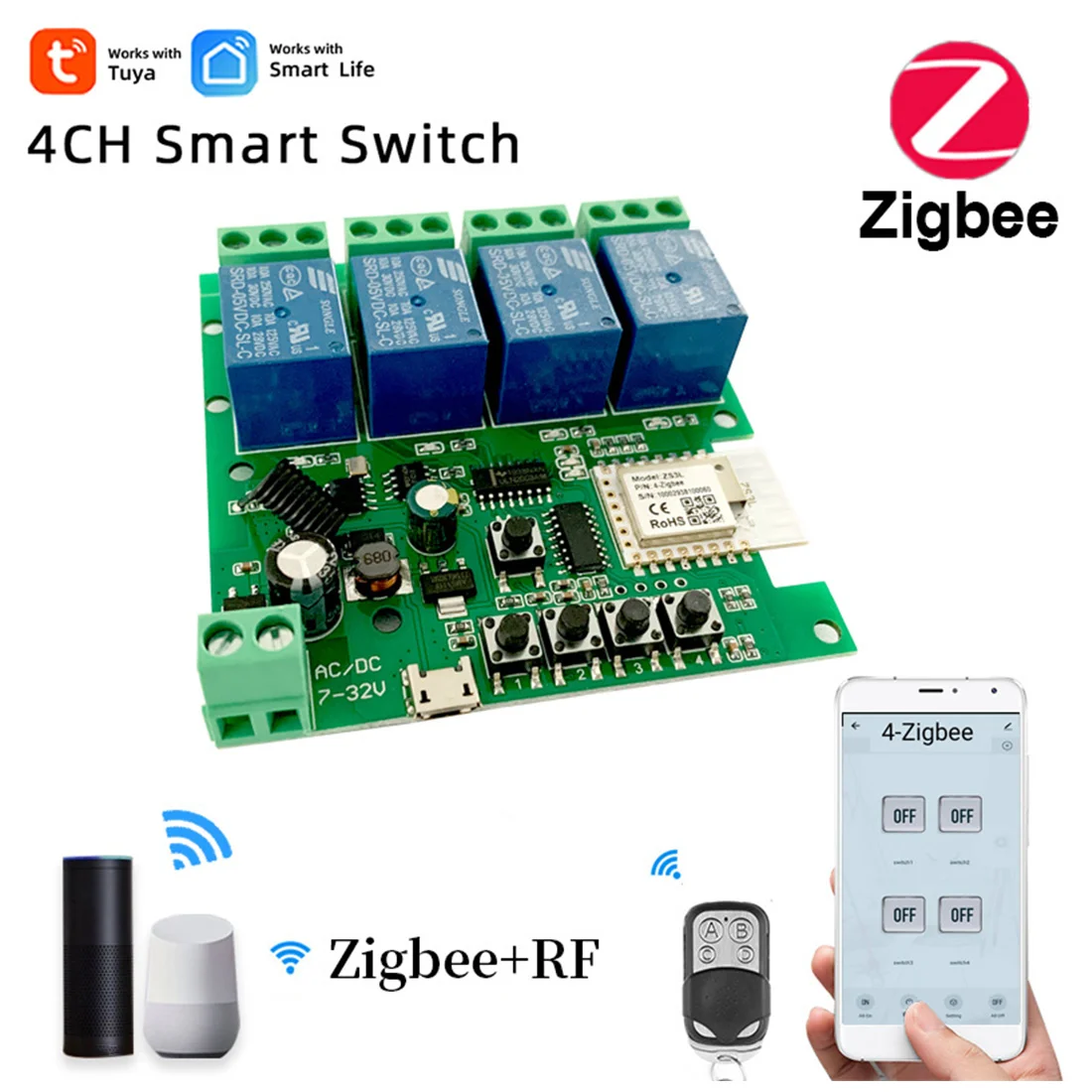 Zigbee Tuya – Module de relais intelligent 4CH, DC5V 7-32V Rf433mhz, interrupteur d'éclairage avec télécommande, fonctionne avec Alexa Google Home-Hot