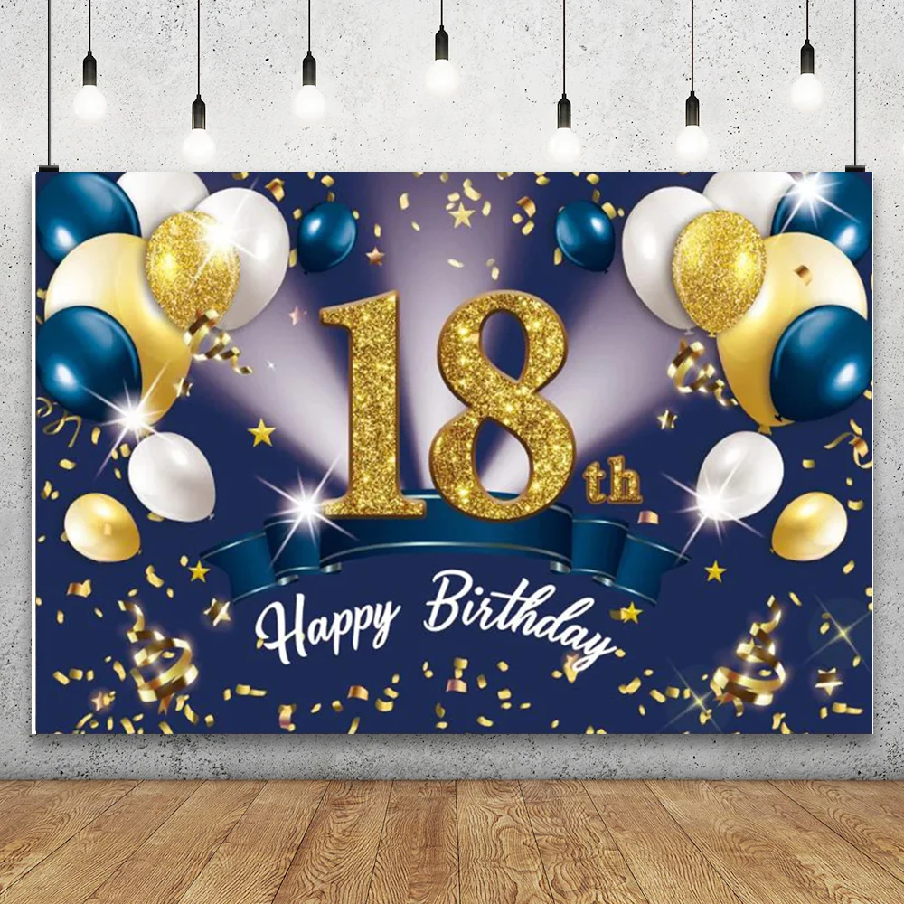 

Happy 18th Birthday Photography Backdrop Banner Black Gold Glitter Balloon Boys Girls 18 Years Old Birthday Party Background