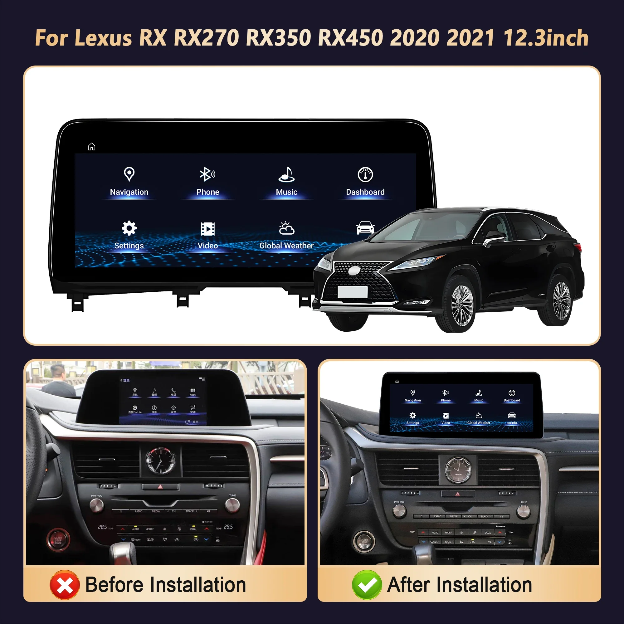 12.3 inch For Lexus RX RX270 RX350 RX450 2020 2021 GPS Navi Car Radio Multimedia Snapdragon 685 Android 14 Carplay Touch Screen